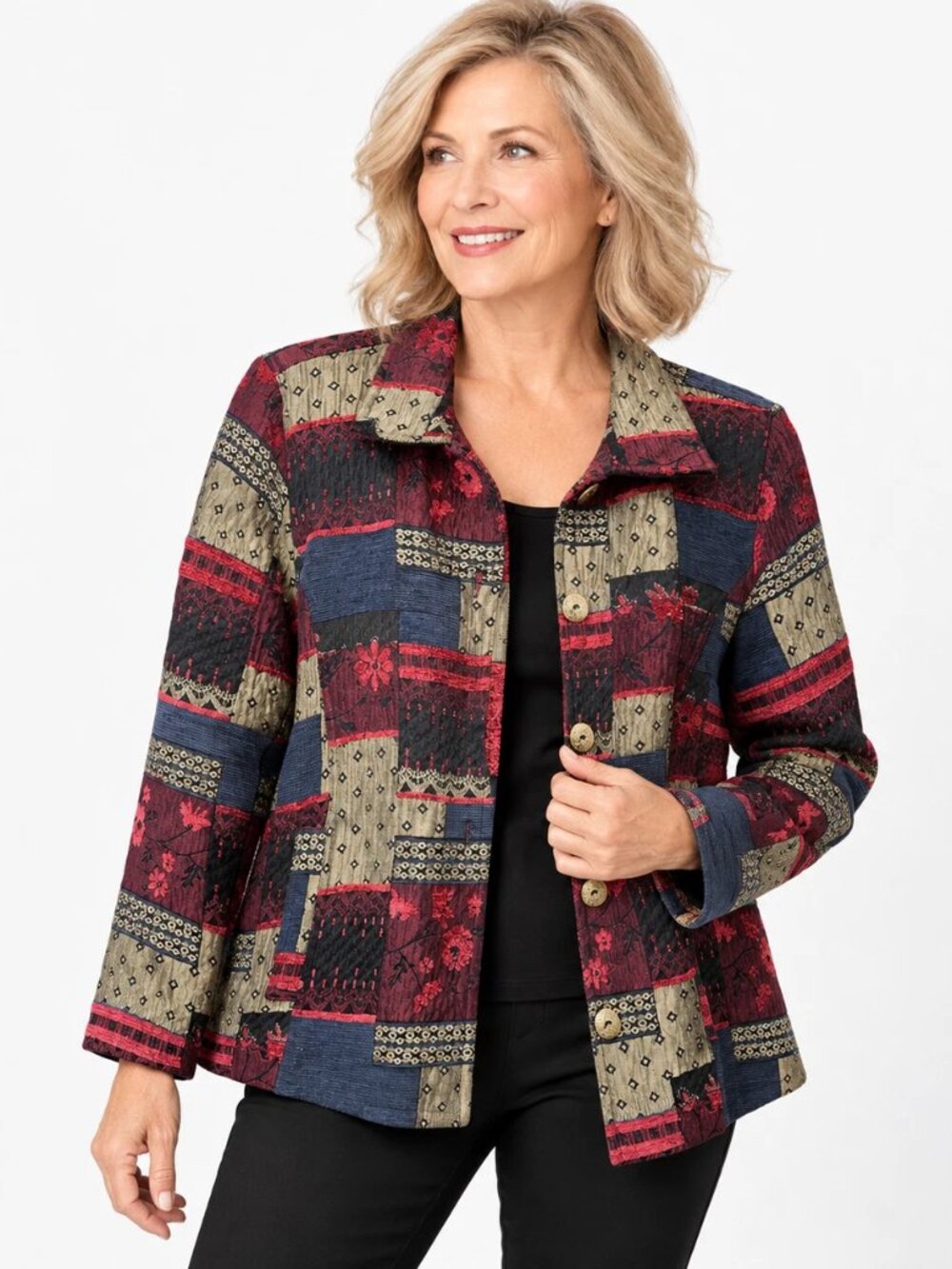 TravelSmith Patchwork Textured Jacket Womens Large Boho Artsy Button Front